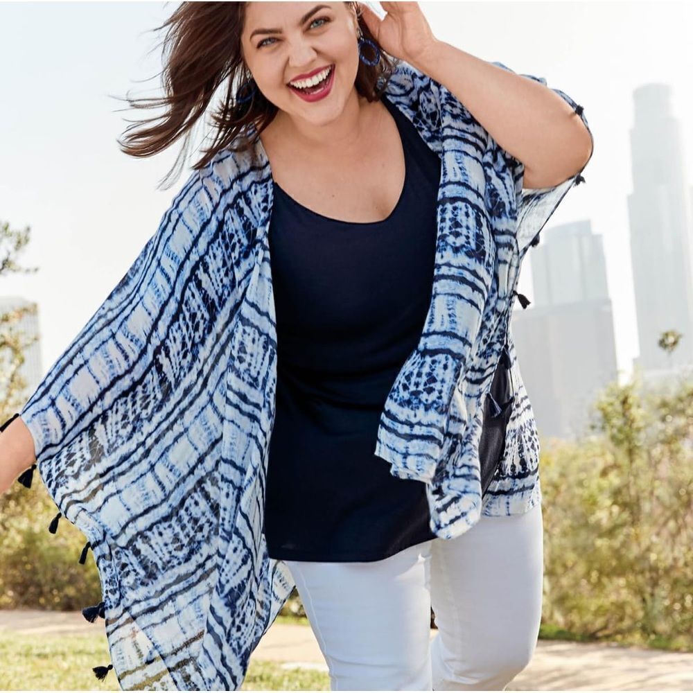 Lane Bryant Wrap Women's OS Blue/White Tie Dye Tassel Kimono Scarf Overpiece NWT
